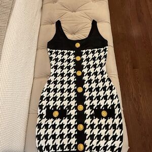 Balmain Black and White Houndstooth Mini Dress with Gold Buttons